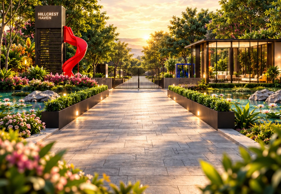 Illustrative landscaped entrance at Hillcrest Haven